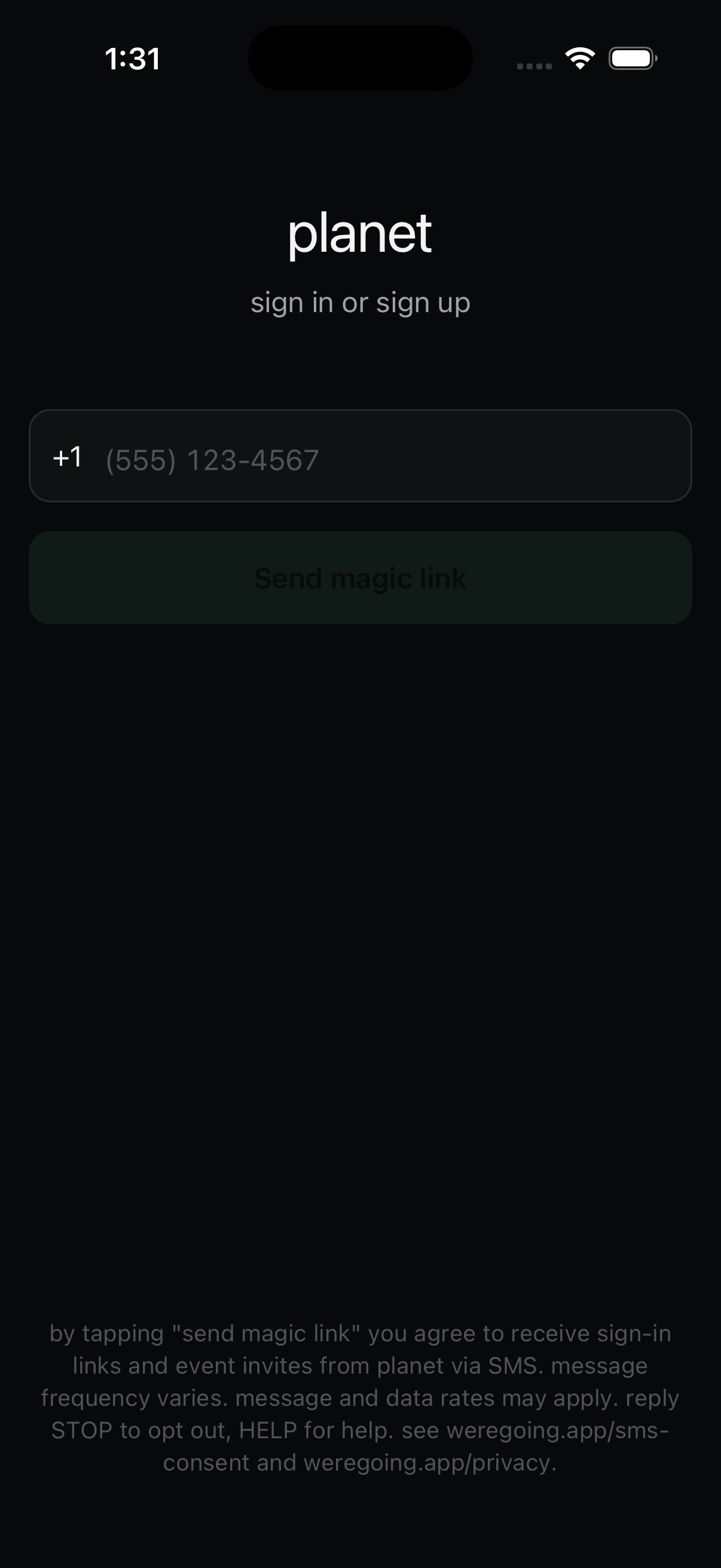 Planet app sign-in screen showing the SMS consent disclosure below the 'Send magic link' button.